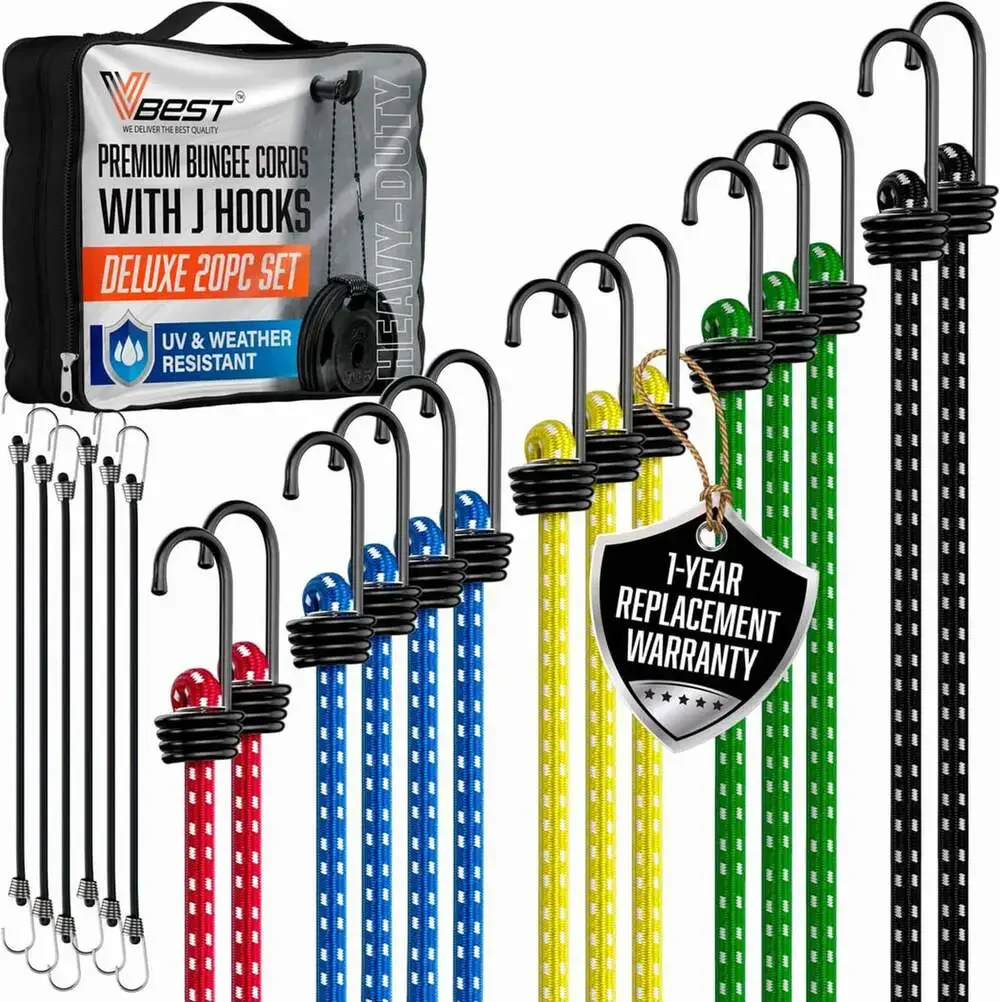 Heavy Duty Bungee Cords with Hooks Set 20 Piece Assorted Sizes UV Resistant